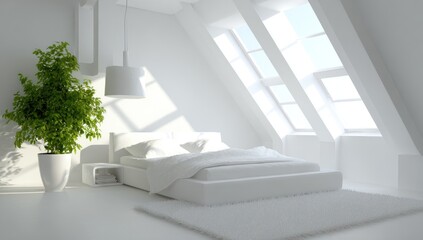 Fototapeta premium A bright, airy bedroom showcasing a minimalist design with abundant natural light and a lush houseplant.
