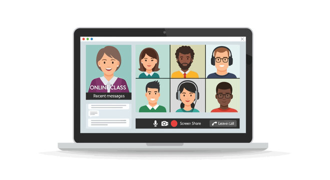 Diverse group joins online class on laptop screen with teacher leading virtual meeting