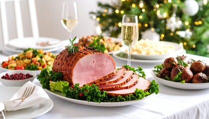 Sliced ham centerpiece at Christmas dinner