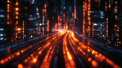 3D illustration of binary data streaming along a futuristic digital road. Abstract concept of technology, coding, and information transfer in cyberspace with glowing lines and matrix-inspired design.