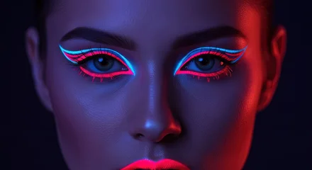 Stunning woman with neon eyeliner and bright lips ready for a night out, showcasing a vibrant and modern beauty trend with bold makeup © Ai World