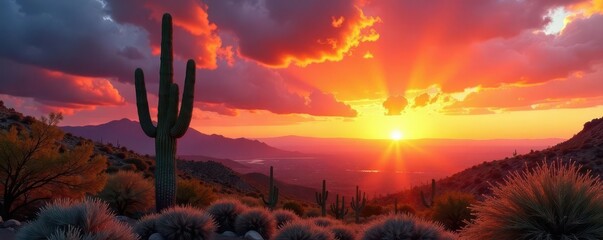 Crimson clouds clash with golden sun, majestic saguaro cacti stand tall , wild, royalty free, orange
