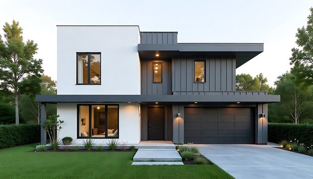 a modern house with white walls and dark gray metal sheet cladding, created with generative ai