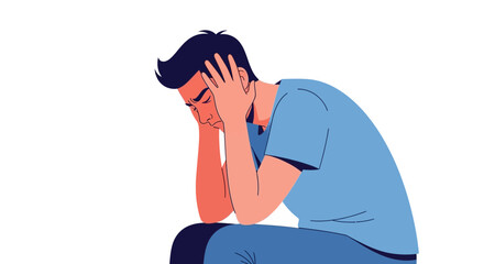 Young Man Sitting with Head in Hands Feeling Stressed Anxious Depressed and Overwhelmed Vector Illustration