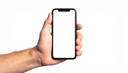A hand holds a smartphone with a blank, white screen against a white backdrop
