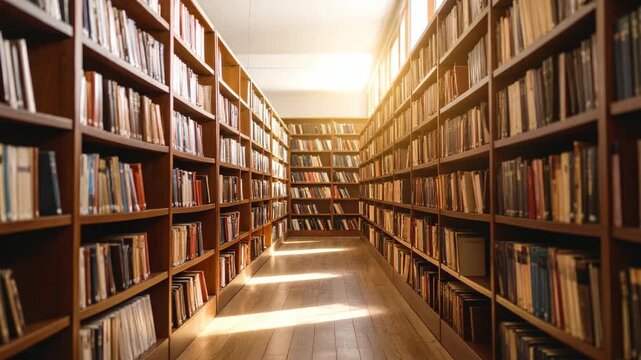 Library stacks filled with books on wooden shelves and a wooden floor, light streaming in from above illuminating the book covers.