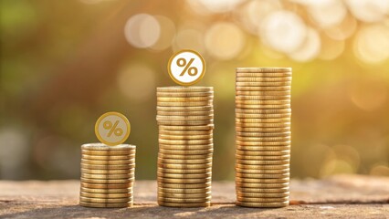 Stacks of golden coins represent increasing interest rate on investment