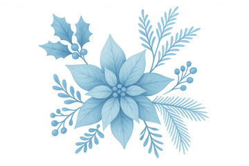 Fototapeta premium Blue poinsettia winter floral arrangement watercolor illustration on transparent background