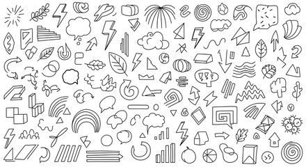 Big Collection of Hand Drawn Doodle Elements and Abstract Shapes on White Background.
