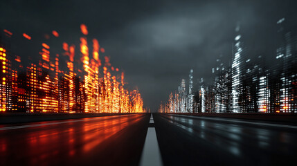 3D illustration of binary data streaming along a futuristic digital road. Abstract concept of technology, coding, and information transfer in cyberspace with glowing lines and matrix-inspired design.