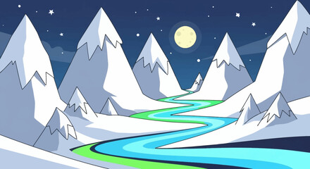 Winding River Through Snowy Mountains at Night.