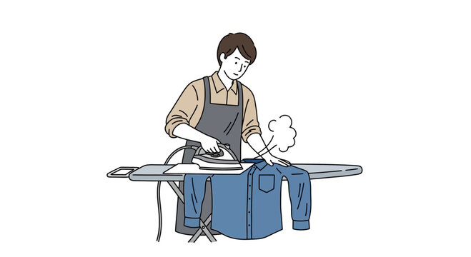 Man Wearing Apron Ironing Blue Shirt on Ironing Board with Steam Household Chore Illustration