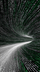 Obraz premium 3D illustration of binary data streaming along a futuristic digital road. Abstract concept of technology, coding, and information transfer in cyberspace with glowing lines and matrix-inspired design.