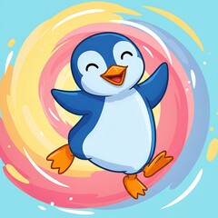Obraz premium Cheerful cartoon penguin with outstretched wings against colorful swirl backdrop