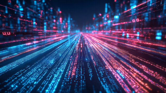 3D illustration of binary data streaming along a futuristic digital road. Abstract concept of technology, coding, and information transfer in cyberspace with glowing lines and matrix-inspired design.