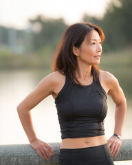 水辺で運動をする健康的なアジア人の中年女性