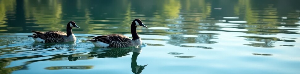 Obraz premium Geese paddling, creating ripples on a calm, clear lake surface , bird photography, water, waterfowl