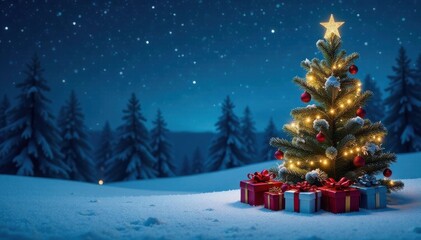 Glimmering snow, ornate tree, wrapped gifts beneath starry sky , serene, season, night