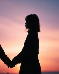 夕陽に照らされたシルエットの若いアジア人のカップル