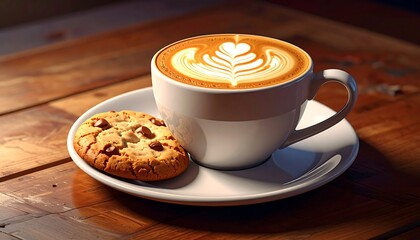 A latte art coffee with a chocolate chip cookie on a white saucer and wooden table