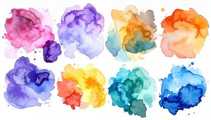 Eight abstract watercolor blobs of various colors with splashes on a white background