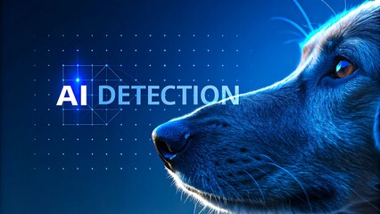 Artificial intelligence detection technology concept with dog face and digital blue background
