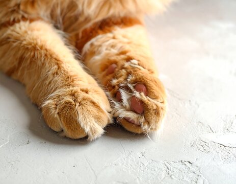 Close-up of a ginger cat's paws resting on a light gray surface