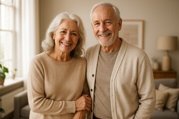 Cheerful senior couple embracing in a bright living room with natural window light