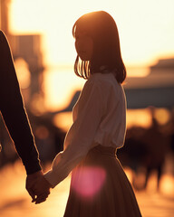 夕陽に照らされたシルエットの若いアジア人のカップル