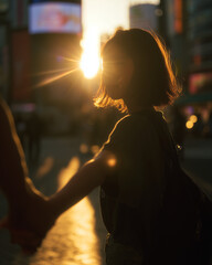 夕陽に照らされたシルエットの若いアジア人のカップル