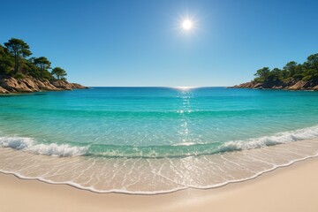 Fototapeta premium Sunlit turquoise Mediterranean cove with gentle waves and powder sand panoramic view