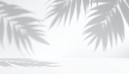 Soft shadows of palm fronds fall across a clean, white surface, a minimalist scene