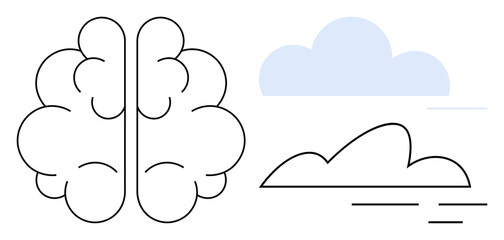 Minimalist brain outline alongside abstract clouds evokes conceptual thinking, creativity, innovation, and ideas. Ideal for psychology, brainstorming, imagination, education, planning mental health