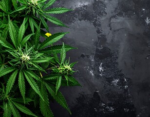 Fresh green cannabis buds on dark stone