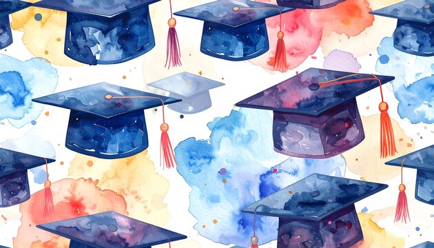 Watercolor illustration showcases scattered graduation caps with tassels against colorful, abstract paint splotches
