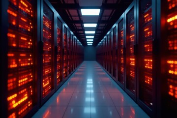 Orange-lit server racks, advanced data center architecture , information, infrastructure, warm
