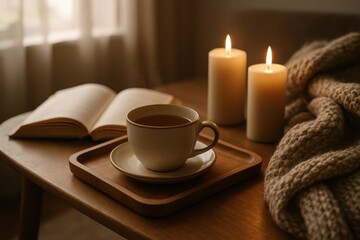 Fototapeta premium Cozy living room vignette with tea tray glowing candles knit throw and afternoon nap mood
