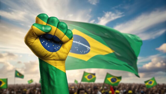 Brazilian flag painted on a fist raised in protest with crowd in background