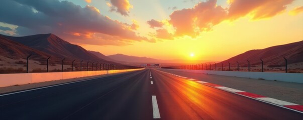 Panoramic view of deserted international race circuit at sunrise Start/finish clearly marked , background, panoramic, sunlight