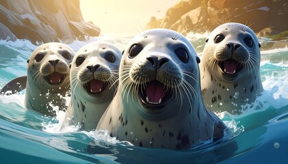 Happy seals in ocean waves
