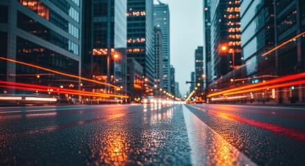 Modern Cityscape at Night: Vibrant Light Trails on Wet Urban Street