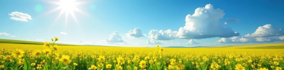 Obraz premium Sun-drenched field, cumulus clouds drift across vibrant blue, element, summer