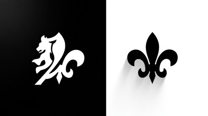 Black and white heraldic design elements featuring lion and fleur de lis