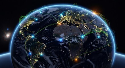 Global network connecting the world with glowing connections and data transfer lines over earth