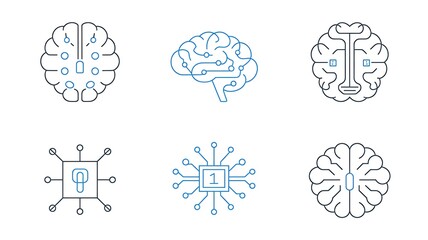 Set of artificial intelligence brain circuit icons isolated on white background