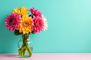 Vibrant dahlia bouquet in glass vase, pastel backdrop, plant, photography