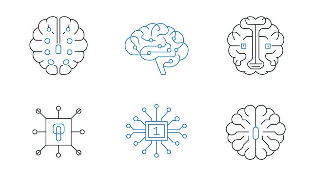 Set of artificial intelligence brain circuit icons isolated on white background