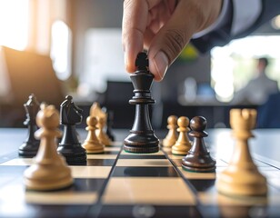 Close-up of a hand moving a black king chess piece on a board