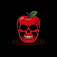 evil apple skull, glowing red fruit, ominous grin highlight, dark minimal background, haunting halloween emblem, bold vector