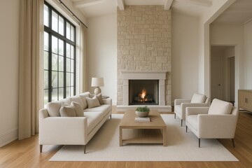 Elegant living room with hardwood floors and stone fireplace in modern luxury home